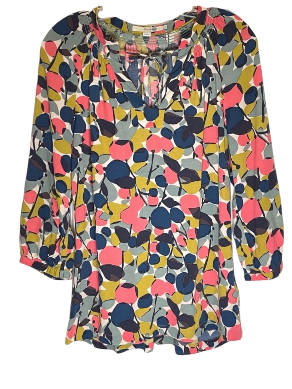 Boden Multicolor Boho Smocked Neckline Floral Front Tie Flowy Top Blouse SZ 6